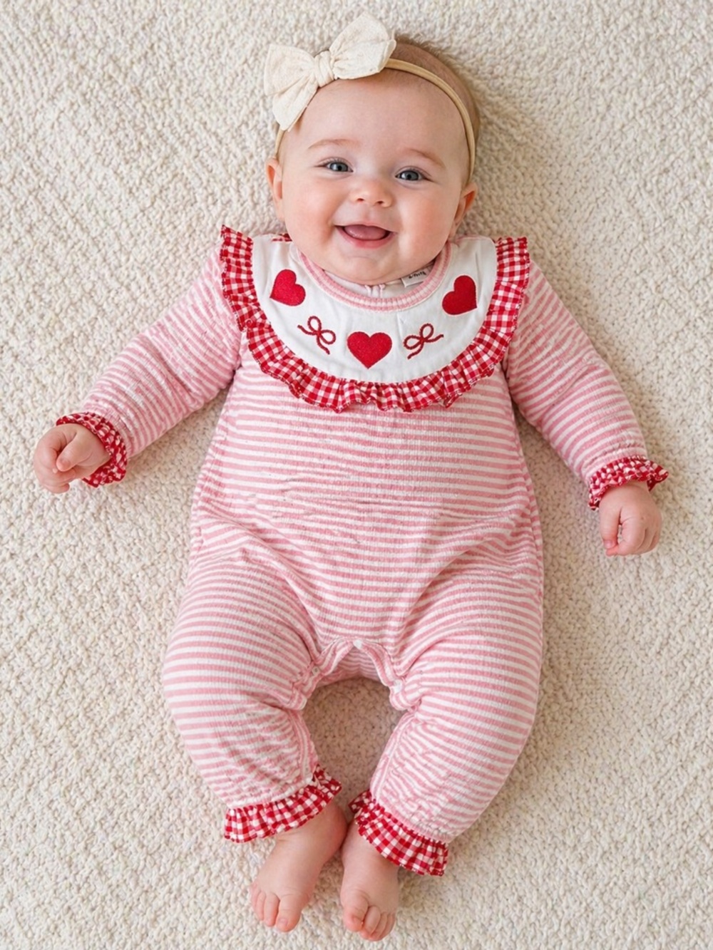 3-6M Valentine Heart Stripe Romper Pink Red‎ Gingham Baby Girl Boutique